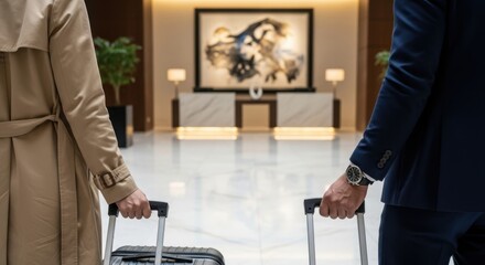 Man and woman rolling luggage arriving at hotel reception desk. Business travel and luxury accommodation concept for a couple trip.