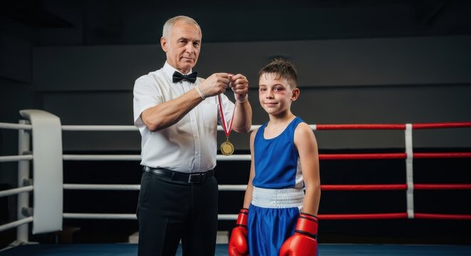 Man referee presenting medal to young boy boxer in boxing ring. Award ceremony for sports competition and achievement in youth boxing. - Powered by Adobe