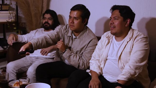 three young Hispanic men on a couch, using a remote control to change channels. Highlights shared search for entertainment, social leisure, and media browsing.