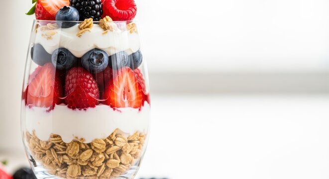Fresh berry yogurt parfait with granola in a glass