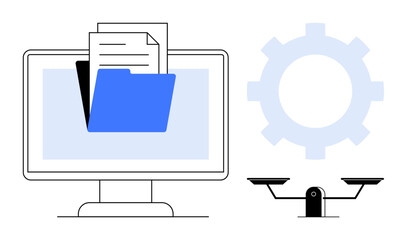 Desktop screen with open folder, documents, gear, and balance scale. Ideal for organization, workflow, efficiency, balance data management decision-making productivity. Simple flat metaphor