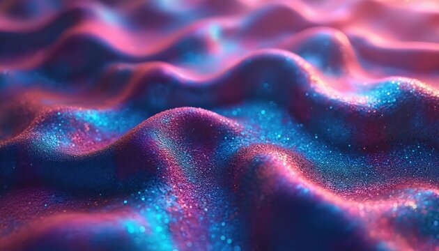 Abstract iridescent surface undulates. Pink glows merge blue waves. Shimmering glitter texture adds depth. Digital design evokes luxury style. Futuristic neon lights, dreamy aesthetic. Illustration