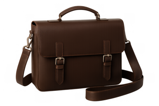 Brown leather briefcase satchel with shoulder strap and handle, classic business accessory on transparent background