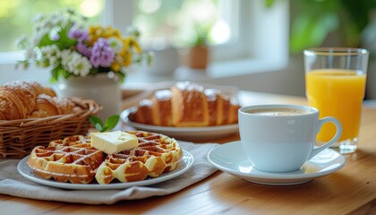 Delicious Breakfast Still Life of Waffles Croissants and Orange Juice with Floral Arrangement in Bright Kitchen