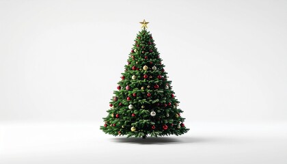 Christmas Tree with Red and Gold Baubles on White Background