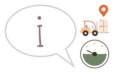 Information speech bubble alongside forklift handling boxed goods, location pin, and load gauge. Ideal for supply chain, shipment, delivery, storage, transport, business communication simple flat