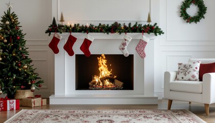 Cozy Christmas Living Room Featuring White Fireplace with Burning Fire and Red Stockings and Decorated Christmas Tree