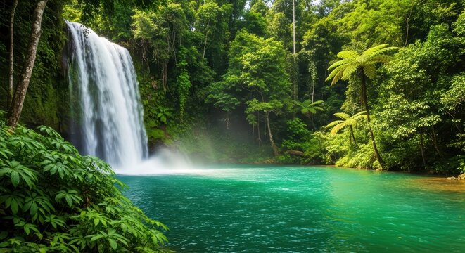 Lush tropical waterfall cascading into a vibrant emerald pool