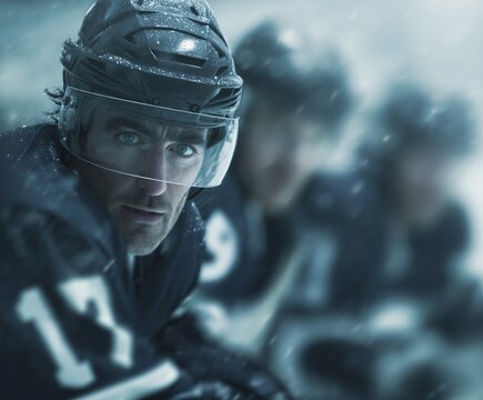 A determined hockey player gazes intently from the bench, embodying team spirit and competitive drive. The image conveys intensity, focus, and athletic passion.