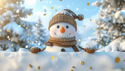 Festive Snowman with Knitted Hat and Scarf Amidst Snowy Pine Forest