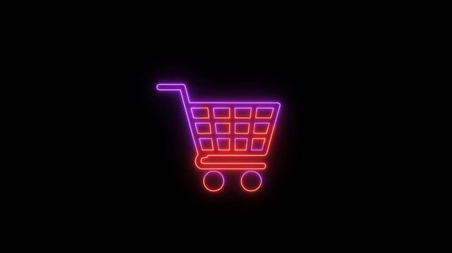 Grocery Cart in modern neon light isolated on alpha channel transparency. Shopping cart, trolley, and retail.