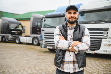 Confident truck driver standing in front of transport fleet
