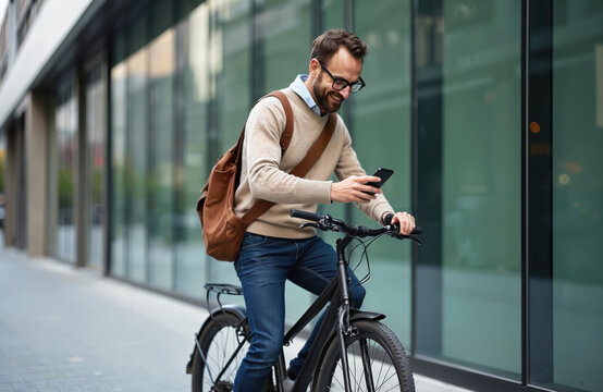 Man with glasses uses phone while cycling on city street. Business person rides bicycle using mobile. Urban lifestyle. Modern tech. Eco-friendly transport. Active commute to work.
