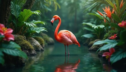 Naklejka premium Bright image of a flamingo in its natural habitat. The bird stands in water surrounded by vibrant plants and flowers. Scene creates a sense of peace.