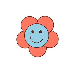 Groovy retro flower and sticker style with a happy smile and cartoon face. Colorful patch icon as a fun groovy element for y2k pop art, perfect for playful badges trendy modern sticker designs.