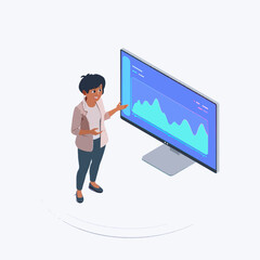 Isometric Female Entrepreneur Presenting Startup Pitch – Vector Illustration © Bara