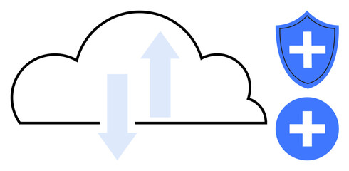 Cloud with up and down arrows next to a shield and cross symbol. Ideal for cloud safety, data protection, cybersecurity, online health, technology, secure storage, simple flat metaphor