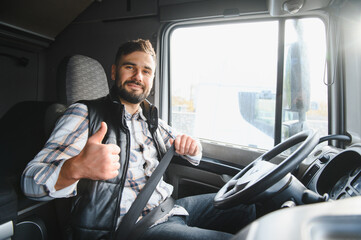 Trucker wearing seatbelt giving thumbs up