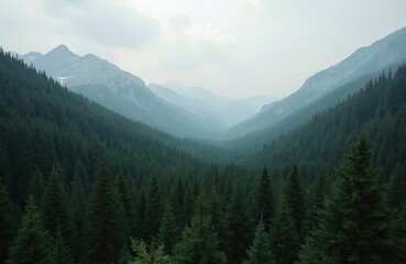 Scenic landscape photo captures majestic mountain range covered with rich green pine forests. Pine trees stretch across valley below mountains under cloudy sky. Nature scenery provides calm tranquil