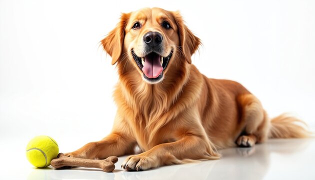 Happy golden retriever dog lies with bone and ball. This friendly pet poses for photo, ready to play fetch. Loyal companion sits calmly, waiting for command. Canine friend wants interaction.