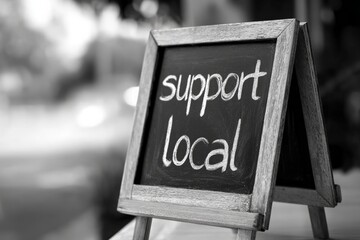 Monochromatic chalkboard sign displays message 'support local,' promoting community businesses and local economy.