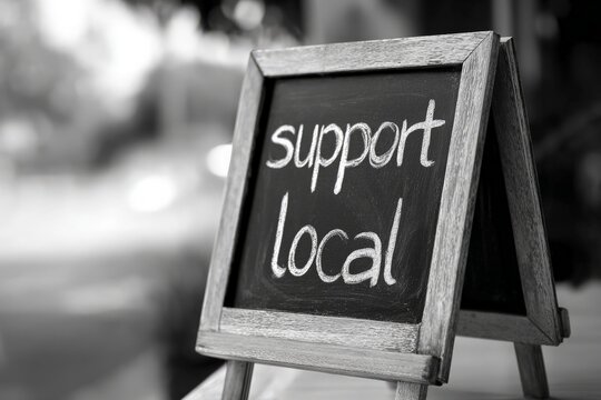 Monochromatic chalkboard sign displays message 'support local,' promoting community businesses and local economy.