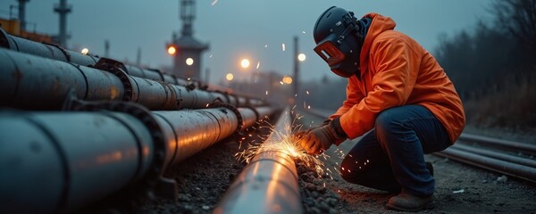 Welder repairs pipes with sparks flying at night. Worker wears mask, gloves, orange jacket, jeans. Pipeline construction process on industrial dark site. Industrial expert makes connection on site