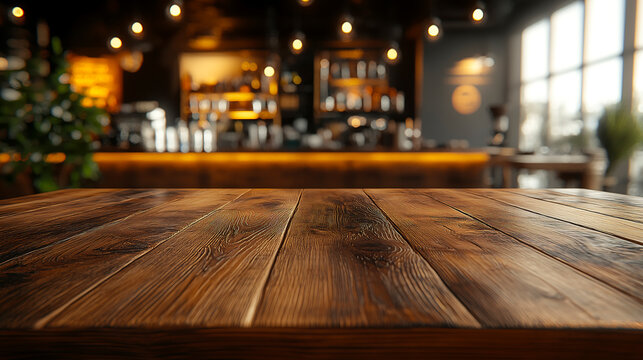 Wooden tabletop in a cozy cafe setting, with blurred background showcasing a well-lit bar area and decorative plants, creating a warm and inviting atmosphere for gatherings