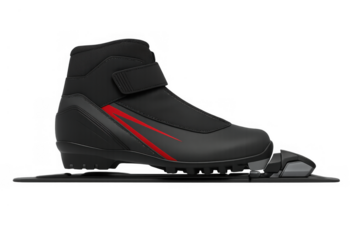 Cross-country ski boot with binding, black and red winter sports footwear for outdoor snow activities, isolated on transparent background