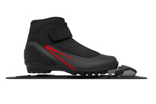 Cross-country ski boot with binding, black and red winter sports footwear for outdoor snow activities, isolated on transparent background