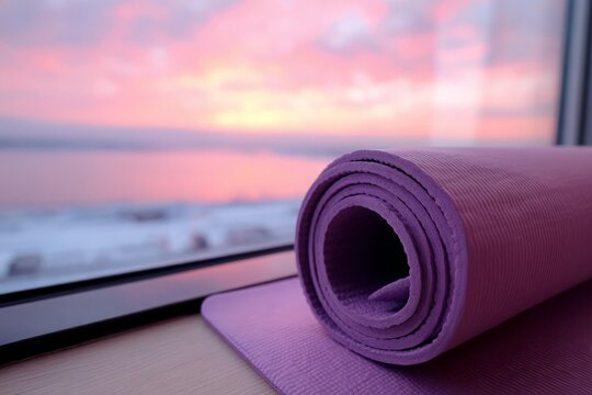 Purple yoga mat rests rolled by window, soft sky glows with tranquil pink and orange colors.