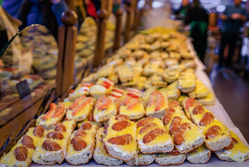 Baguette sandwiches with sausages at the Christmas Market in Strasbourg, France