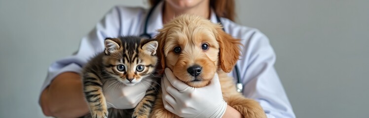 Vet holds cute puppy and kitten. Veterinarian shows care for small animals, offering comfort and health support. Pro pet assistance for wellbeing. Animal love.