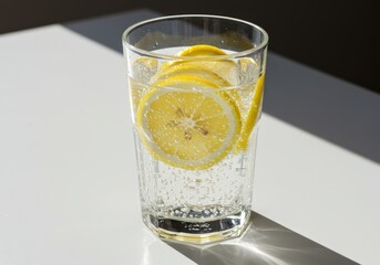Bright Refreshing Glass of Sparkling Lemon Water with Bubbles