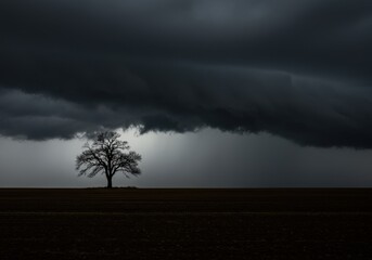 Barren Tree in a Field Under a Gathering Storm