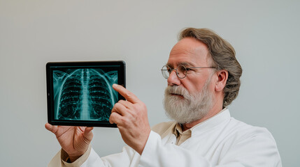 Senior male doctor analyzing a chest x-ray on a digital tablet. Medical professional examining a lung scan for diagnosis. Healthcare technology and radiology concept