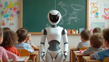 Robot teacher stands before young kids in school classroom. AI humanoid teaches lesson to preschool students at desks. Futuristic education uses intelligent machines, advanced technology, robotics