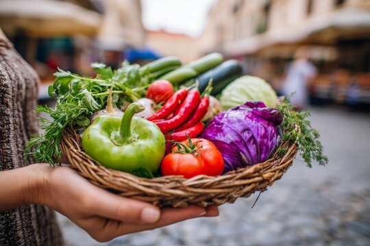 Woman holding rustic wicker basket brimming with colorful fresh organic vegetables at outdoor market. - Powered by Adobe