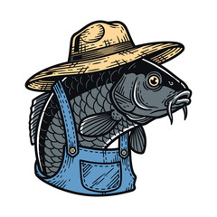 cartoon carp fish wearing overalls and a straw hat, farmer or fisherman outfit illustration