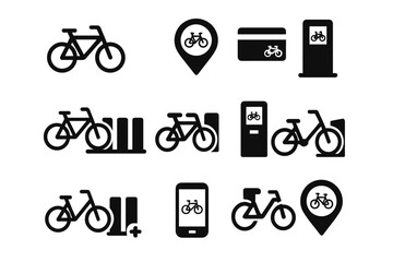 Bicycle icons set for navigation, payments, and docking stations