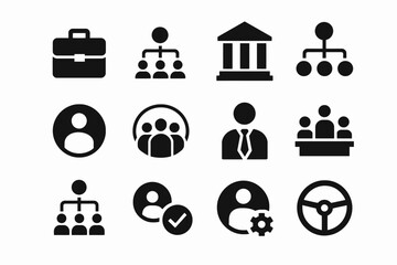 Business and organization icons: briefcase, hierarchies, institutions, people, and settings