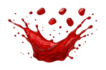 Pomegranate juice splash with flying arils. Red liquid splashing, bursting and flowing. Transparent background