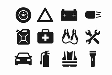 Essential car emergency kit icons for vehicle safety and maintenance