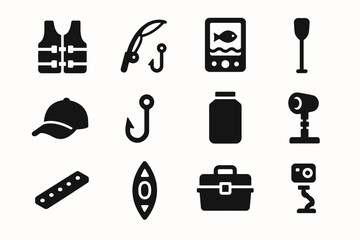 Fishing and boating equipment icons including life jacket and fishing hook