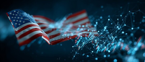 Visualizing economic decline: us flag overlaid on falling stock figures. Smart technology. Navy blue downturn: us flag waving before plummeting stocks. Virtual connectivity. Ai framework.
