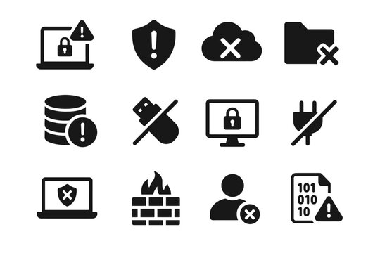 Cybersecurity icons: data protection, usb security, cloud safety, firewall, encryption