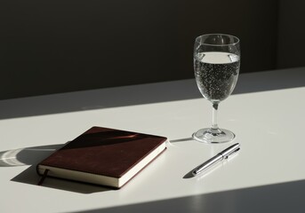 Still Life of a Journal Pen and Bubbly Drink in Sunlight