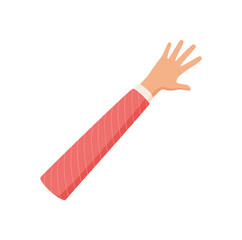 Cartoon hand gesture with open palm shows number five. Flat style hand with pink sleeve and extended fingers represents count or signal. Isolated design suitable for education or professional use.