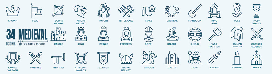 Collection of medieval vector line icons featuring a knight, castle, crown, weapons, and other historic elements. Fully editable stroke. © stockgood