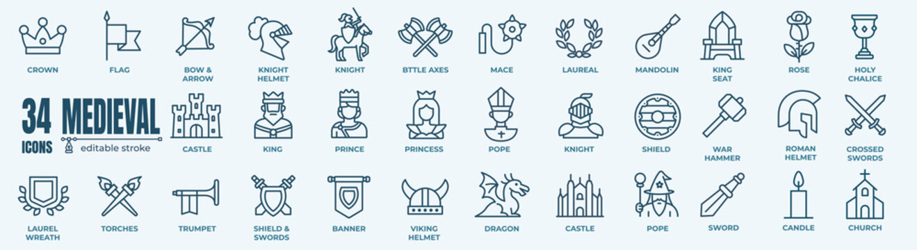 Collection of medieval vector line icons featuring a knight, castle, crown, weapons, and other historic elements. Fully editable stroke.